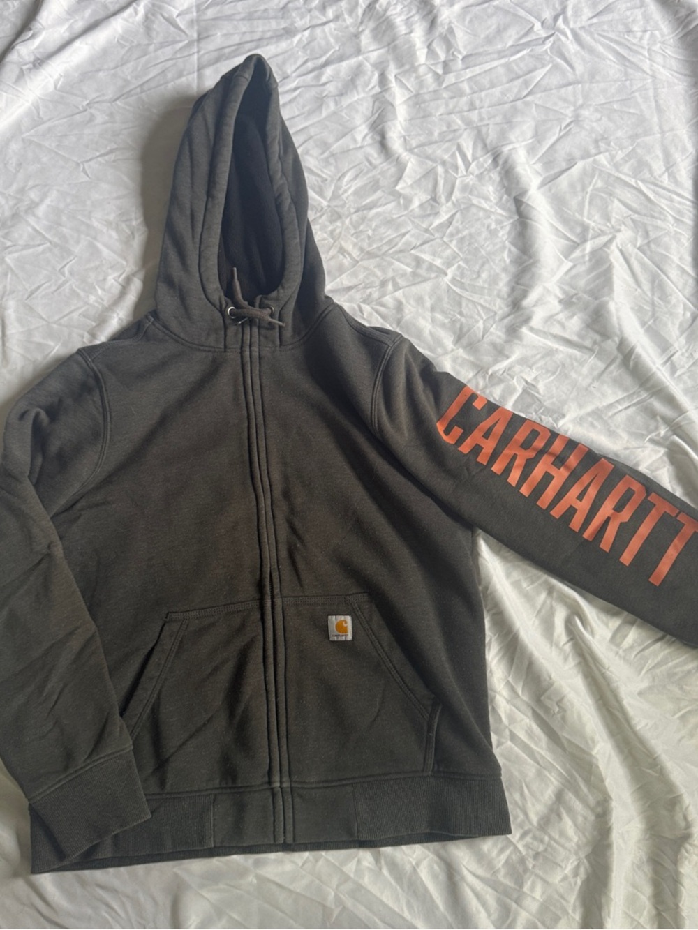 Carhartt Grey Zip Hoodie with Orange Sleeve Logo